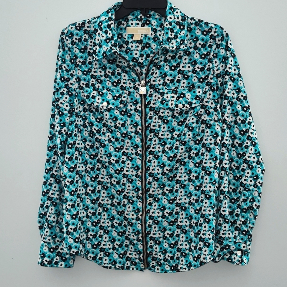 Michael Kors Top Blouse Shacket Size M Western Floral Zip Front Spring Summer